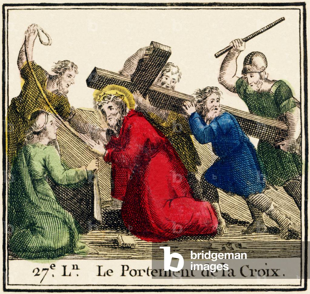 Moral abecadary  - The bearing of the Cross, 25th lesson Eleventh edition. In Paris, by Le Prieur, Bookseller, 1810 (engraving)