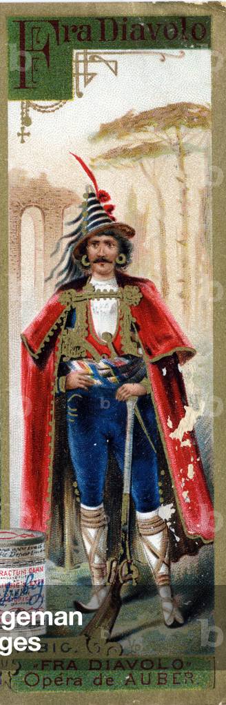 Letter F: Fra Diavolo, in “Fra Diavolo” or “L'Hôtellerie de Terracine” (created in 1830), opera by Daniel Auber (1782-1871). Men's Alphabet (Liebig) Serie S0369. Compagnie Liebig, publisher (b at Antwerp 1893). Abecedaire consists of 12 advertising images in chromolithography. The Liebig brand was invented in 1865 by the German chemist Justus von Liebig (1803-1873). Private Collection