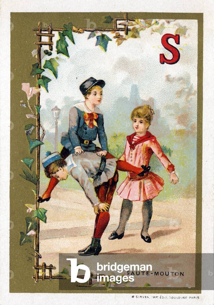 S as jumping sheep. Alphabet on the theme of games. Chromolithography of B. Sirven, late 19th century. Dim: 12x8,5cm