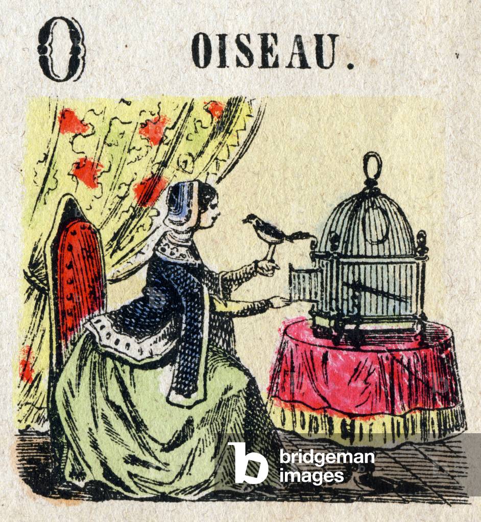 Abecedary. Letter O as Bird. Small encyclopedic alphabet, popular series. Epinal imaging, late 19th century