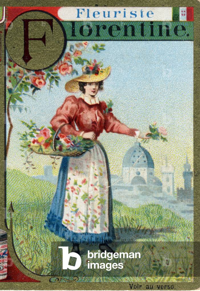 Letter F as Florentine Florist. Alphabet women. Liebig advertising chromolithography, late 19th century .