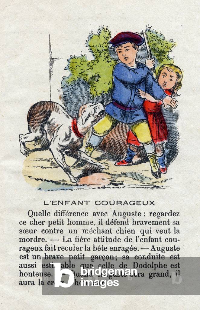 The brave child. A child defends his sister against a dog. Little boys alphabet. Abecedary has moral value containing reading exercises. Epinal imaging late 19th century