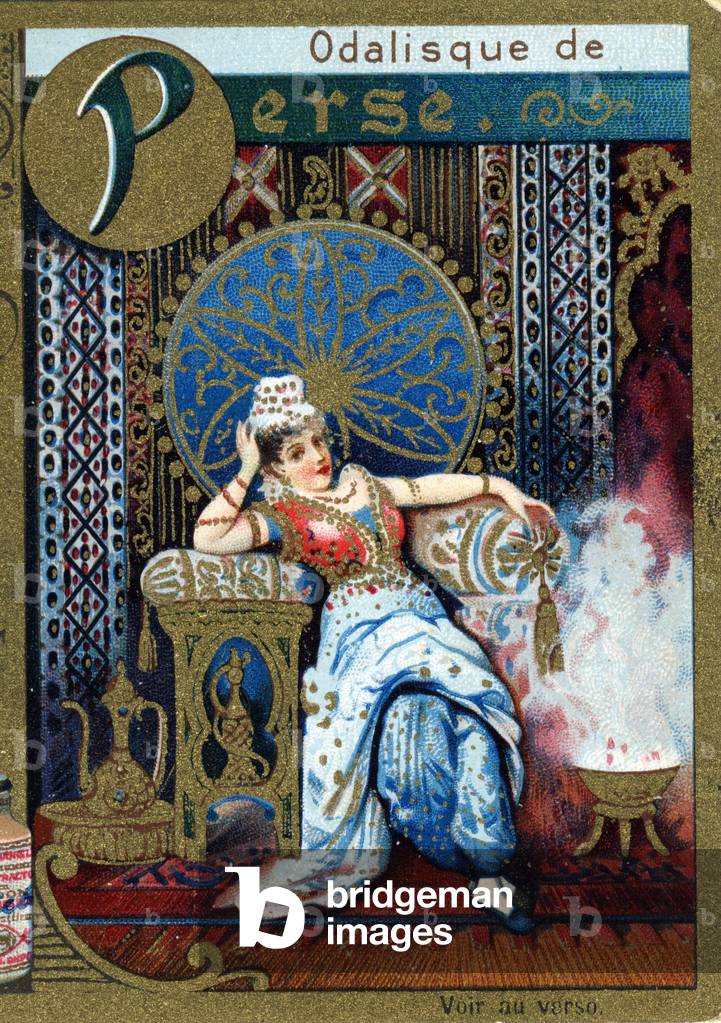 Letter P as odalisk of Persia. Alphabet women. Liebig advertising chromolithography, late 19th century .