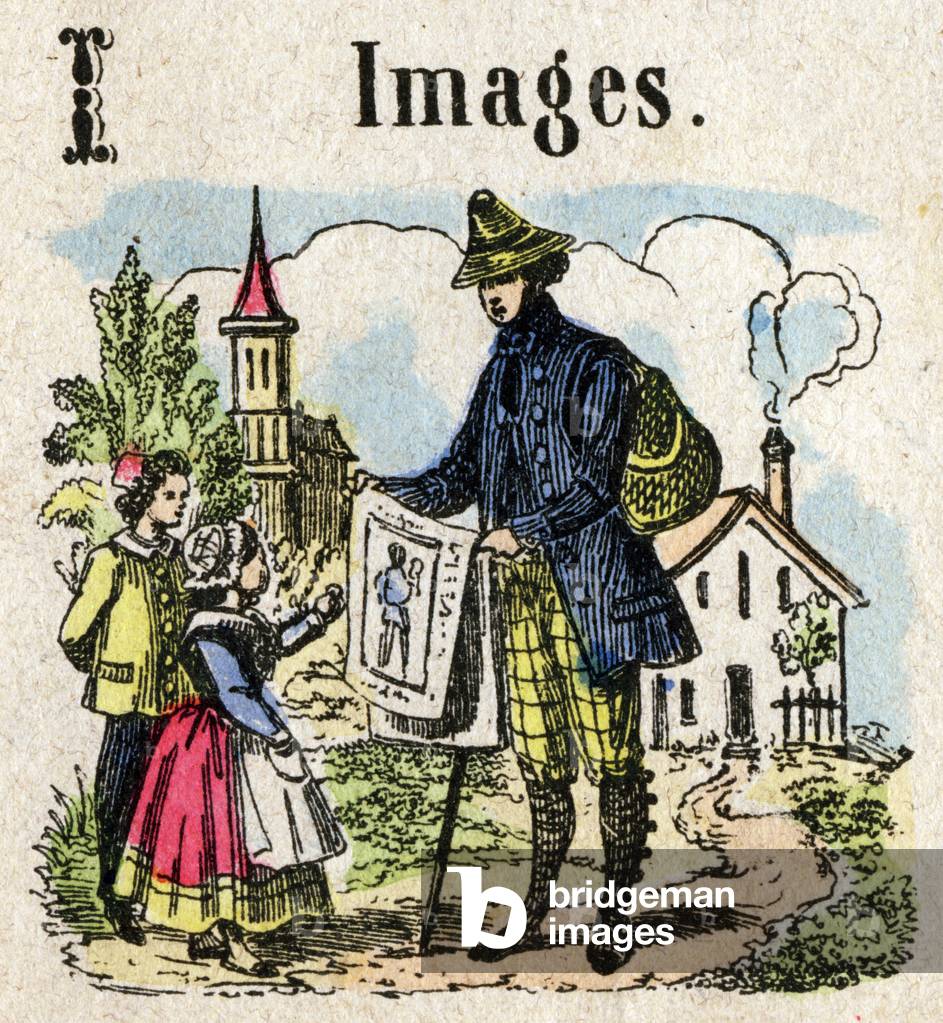Abecedary. Letter I as Images. Small encyclopedic alphabet, popular series. Epinal imaging, late 19th century