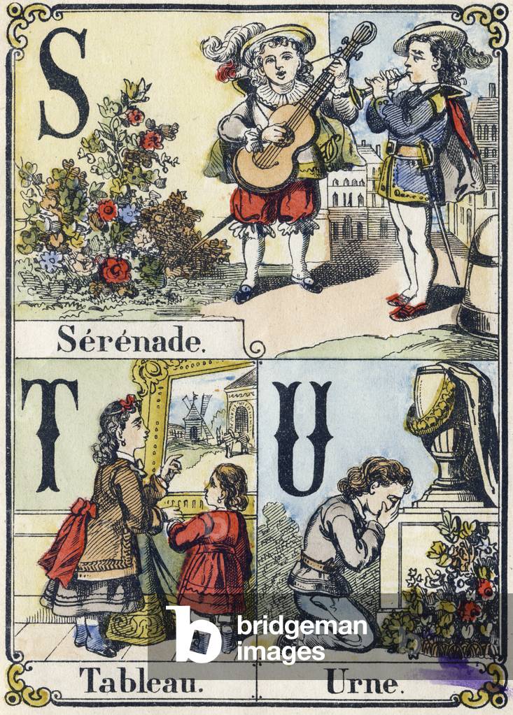 Letter S, T and U: Serenade, Tableau and Urn. Recreative alphabet. Epinal imaging. Stencilled wood engravings, circa 1880. Small 16-page booklet