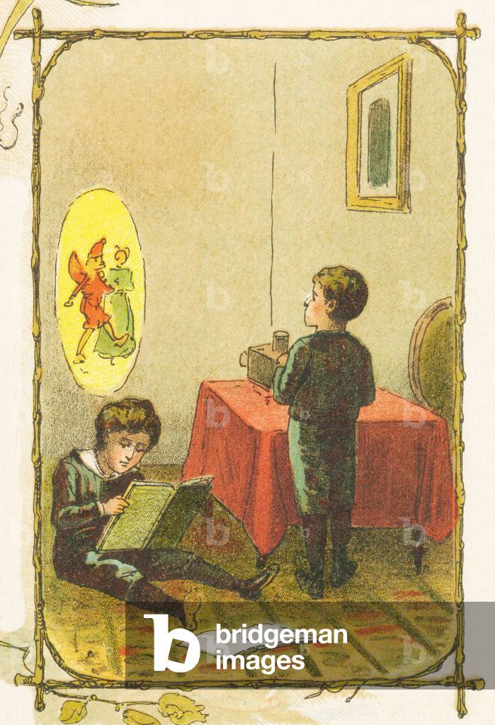 L: Louis has fun with his Magic Lantern and Lucien with his Picture Books