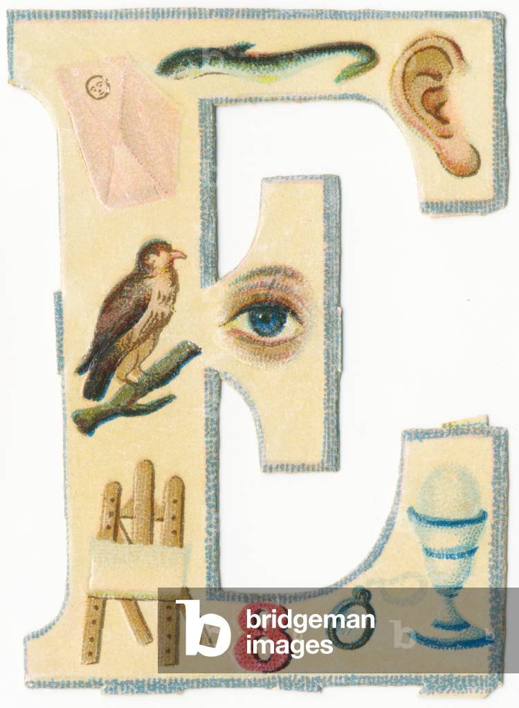 E: envelope, eel, ear, eagle, eye, easel, eight, eyeglass, egg (colour litho)
