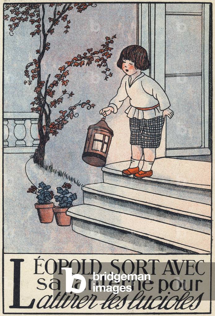 Letter L: Leopold comes out with his lantern to attract fireflies. Engraving in “” Alphabet en images”” by Marie Madeleine Franc-Nohain (Franc Nohain, 1879 - 1942). Librairie Larousse, publisher, Paris, 1924. 32 pages. Dim: 31,5x24,5cm. Private Collection