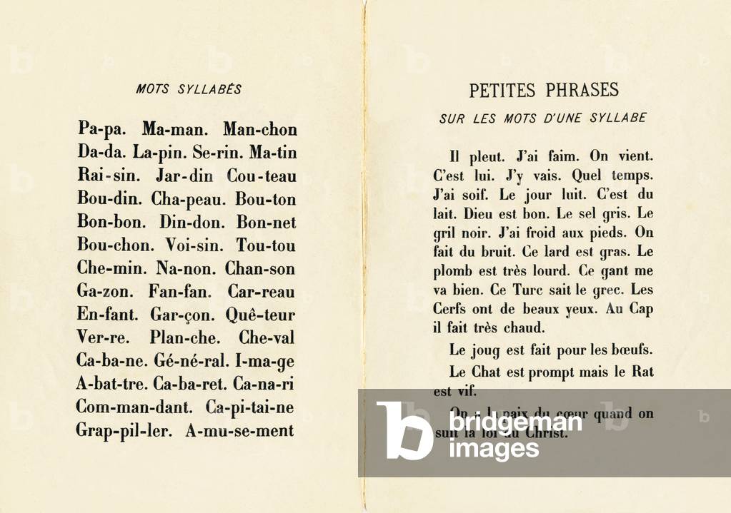 Mots syllabes et petites phrases sur les mots d'une syllabe - Gravure extraite de ABCD des petites filles. Pellerin & Cie, imprimeur-editeur, Epinal , vers 1890. Serie A. Dimensions : 19 x 13,5 cm.