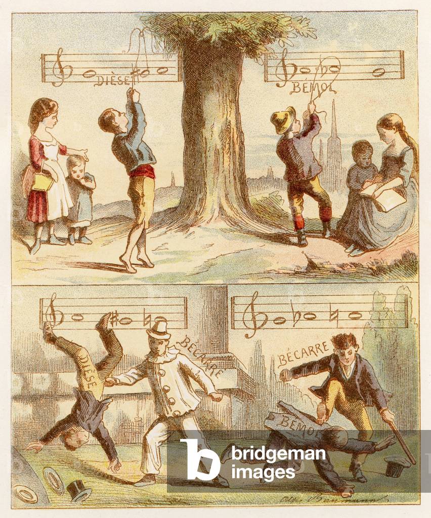 Diese, bemol, becarre - Gravure extraite de l' Alphabet musical de Mlle Lili, par Angelino Trojelli (18..-1916). Bibliotheque & Magasin d'Education et de Recreation J. Hetzel & Cie, Paris, 1883. Dessins de Alphonse Victor BAUMANN (1826-1909). Dimensions : 27 x 21 cm 