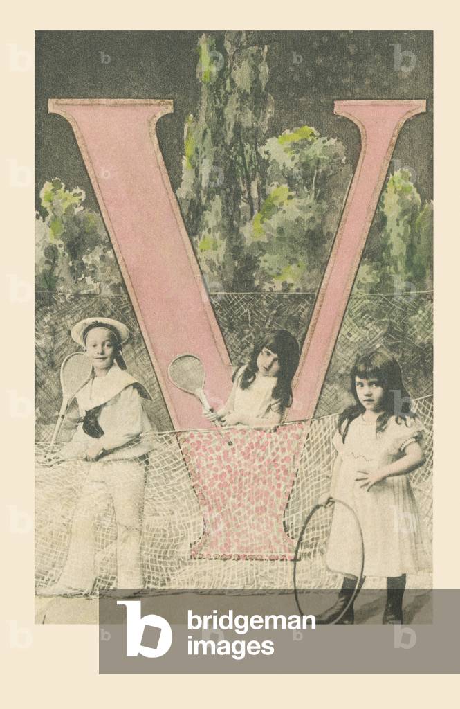 V: A boy and a girl holding snowshoes, a girl with a hoop
