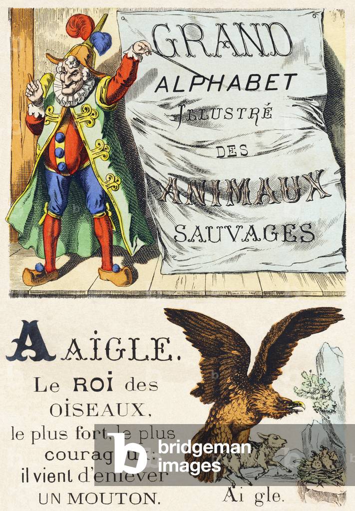 Title presented by Polichinelle and A : Aigle - Alphabet of the wild animals, 1876 (engraving)