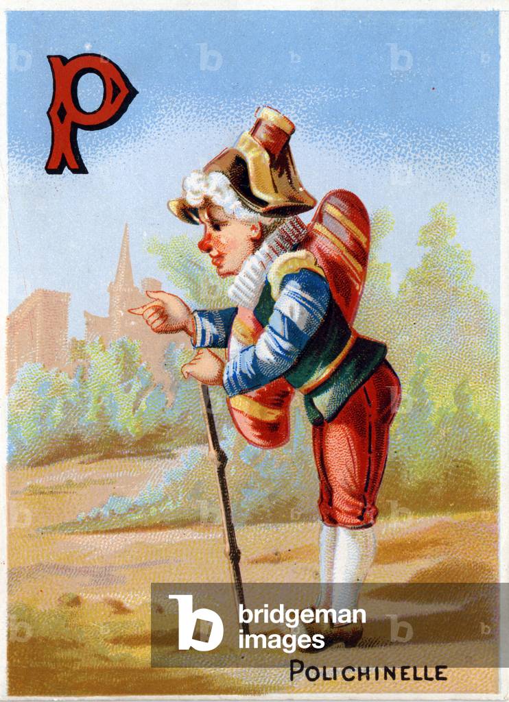 P as Polichinelle. Alphabet illustrates each letter representing a child in a suit. Chromolithography of H. Battle, late 19th century. Abeedaire consists of 25 advertising images. Dim: 10x7cm