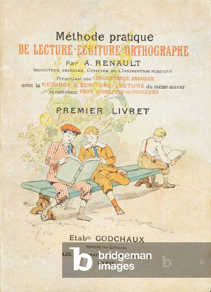Des garcons lisent sur le banc d'un jardin - couverture - Methode pratique de lecture-ecriture-orthographe par A. Renault, Inspecteur primaire, Officier de l'Instruction publique. Presentant une concordance absolue avec la Methode d'Ecriture-Lecture du meme auteur, et contenant cent vignettes en couleurs. Etablissements Godchaux, imprimeurs-editeurs, Paris. Illustrations signees R. N.. Dimensions : 20 x 14 cm.