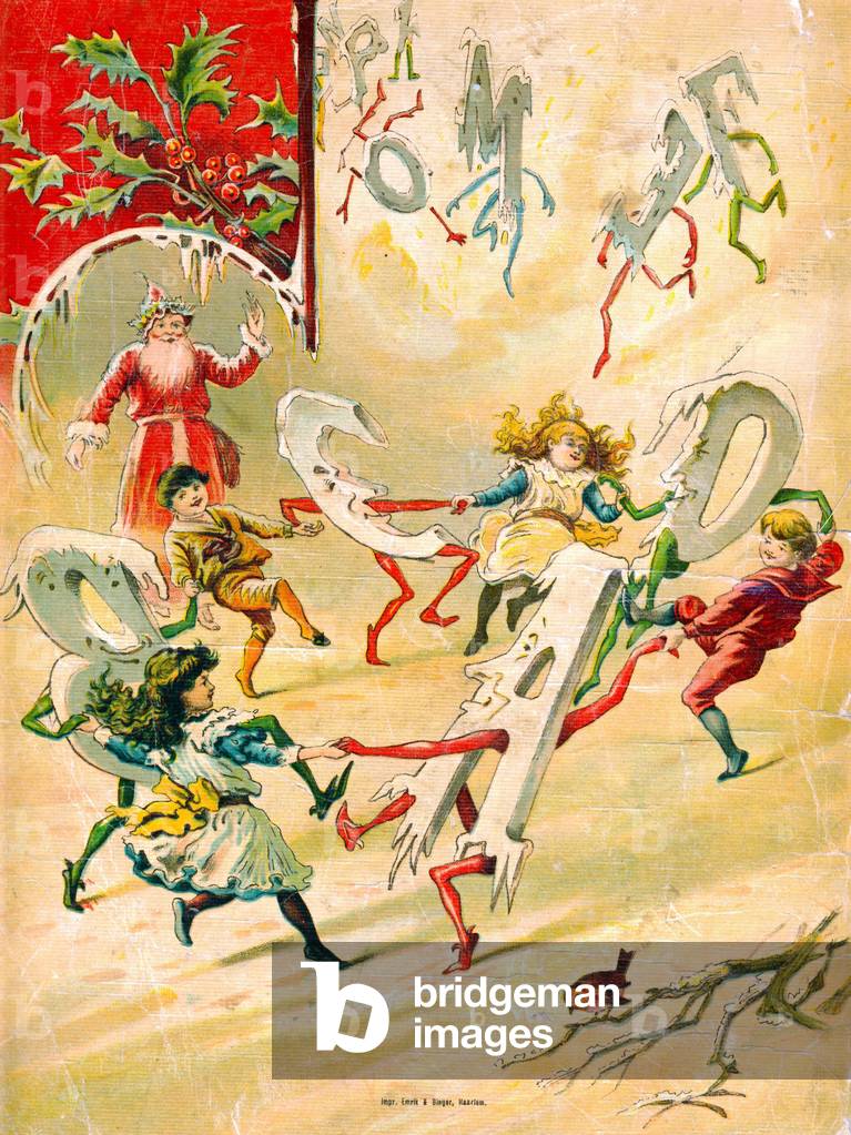 Children dance round with alphabetical letters with an elf body. Chromolithography of English origin in “” Father Christmas Alphabet”” Back cover. Editons A. Capendu, Paris, circa 1900. Dim: 315 x 255 mm. Private Collection