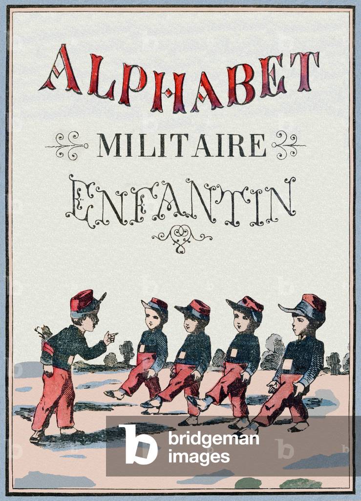 Image of Engraving depicting Cover of the book "Children's Military Alphabet". Imagery of Pont-a-Mousson 1890