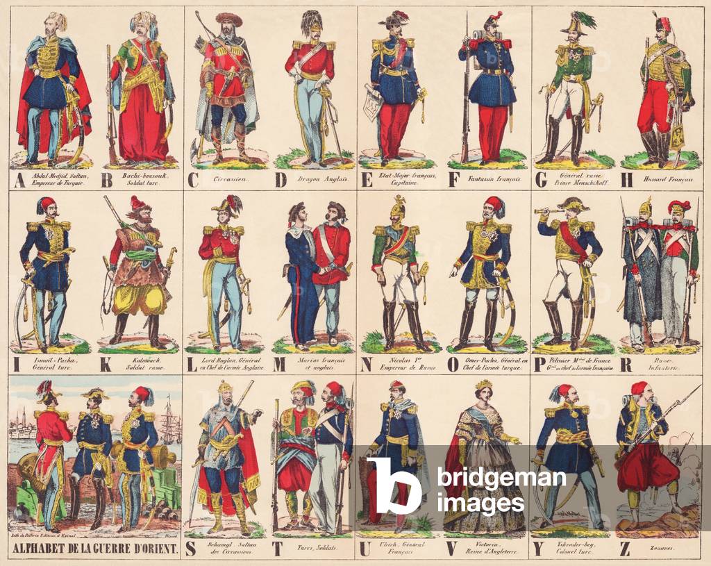 Imagery plate illustrating the protagonists of the Crimean War known as the War of the East (1853 to 1856)