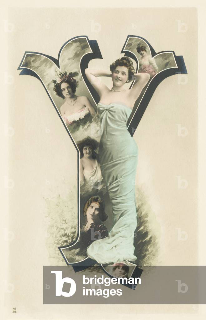 Y : photo-portrait of woman standing in a long blue drape, 1905 (postcard)