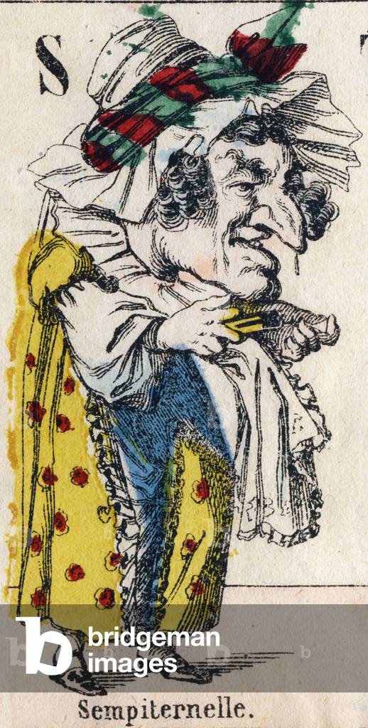 Letter S: Sempiternelle (by dedain tells the feminine, women who are aging much). Engraving in “” Comic Alphabet””. New Epinal imaging. Lithography Pinot et Sagaire, editors, between 1860 and 1888. Plate n°491 with 25 illuminated letters. Dim: 40,5x28cm. Private Collection