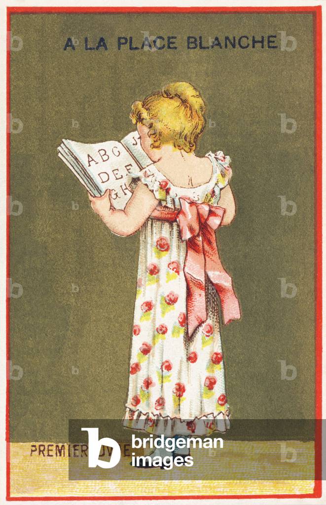 First book. Advertising chromolithography depicting a standing girl holding an abecedary open to the page of the alphabet. Unknown publisher, late 19th century. Dimensions: 9.5 x 6 cm