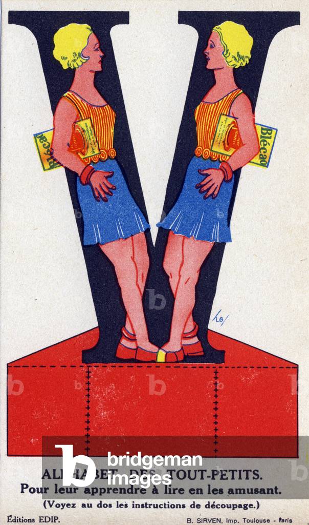Letter V. Toddler alphabet, circa 1930. Advertising images for Bledine and Blecao Jacquemaire