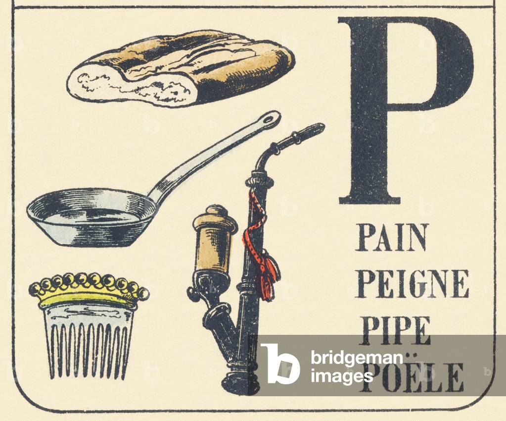 P : pain, peigne, pipe, poele - ABC of everyday things, 1890 (illustration)