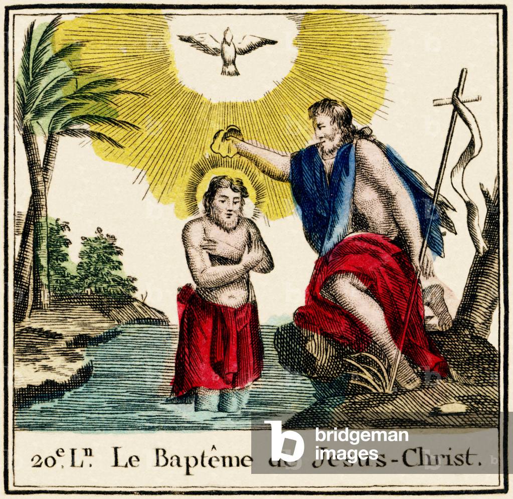 Moral abecedary - The bapstism of Jesus, 20th lesson Eleventh edition. In Paris, by Le Prieur, Bookseller, 1810 (engraving)