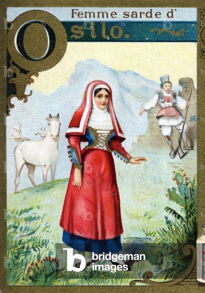 Letter O as Sardinian woman of Osilo. Alphabet women. Liebig advertising chromolithography, late 19th century .