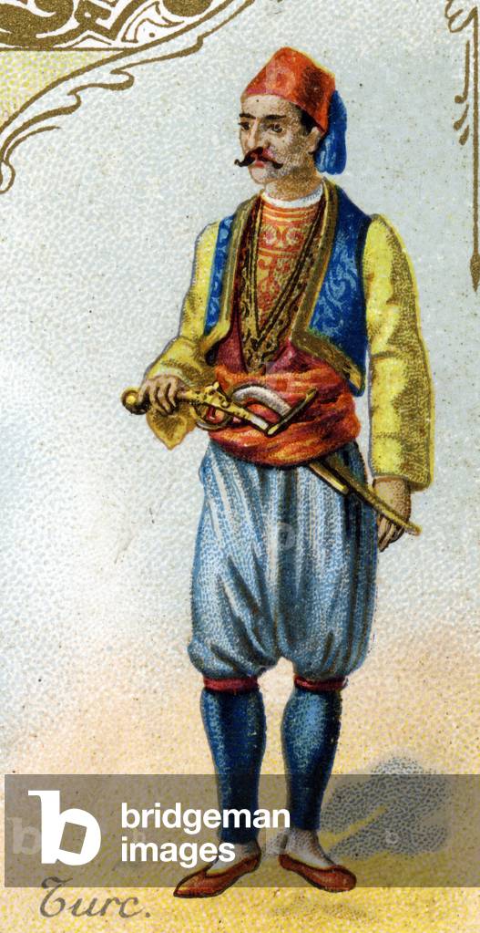 Turkish man . Edition the Parisian lithograph, end of the 19th century. Series of 25 advertising chromos for the Dijon manufacture of Biscuits Pernot, created in 1869. Detail of the characters in traditional costume