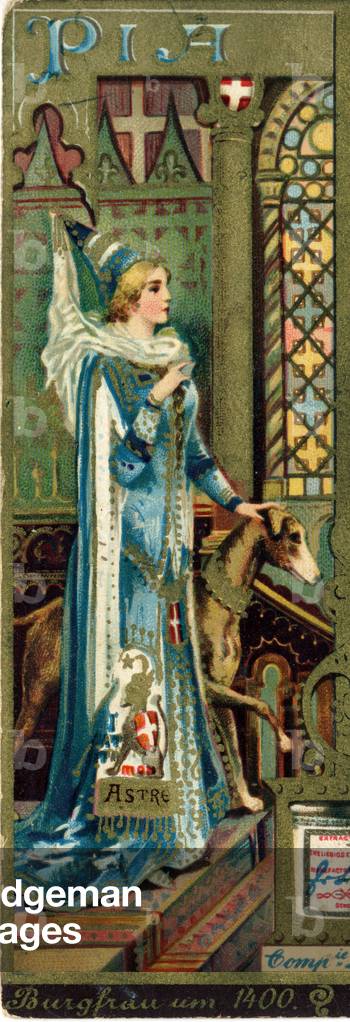 Pia in Chatelaine's costume around 1400. Alphabet (ABC or abecedary) of female names on the theme: feminine costumes and operas. Liebig advertising chromolithography. Private collection.
