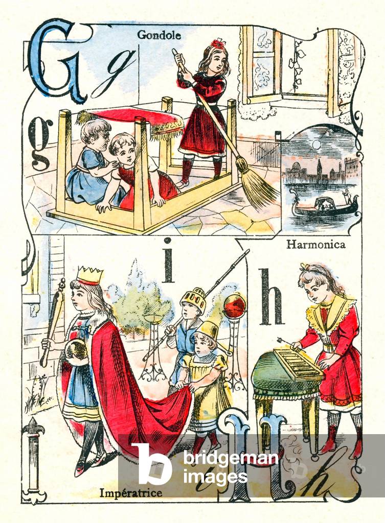 Letters G, I and H. Children playing gondola, imperatrice and harmonica. Engraving in 