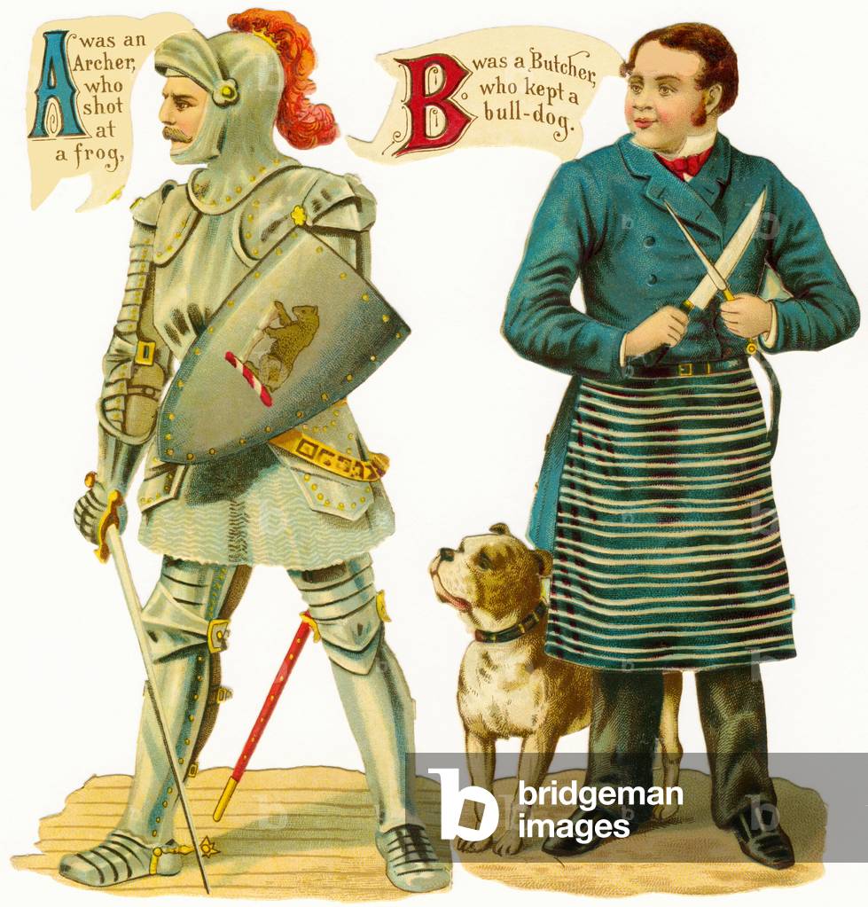 A was an Archer, who shot a frog, B was a Butcher, who kept a bull-dog - Alphabetical Characters Sheet , c.1890 (chromolithograph)