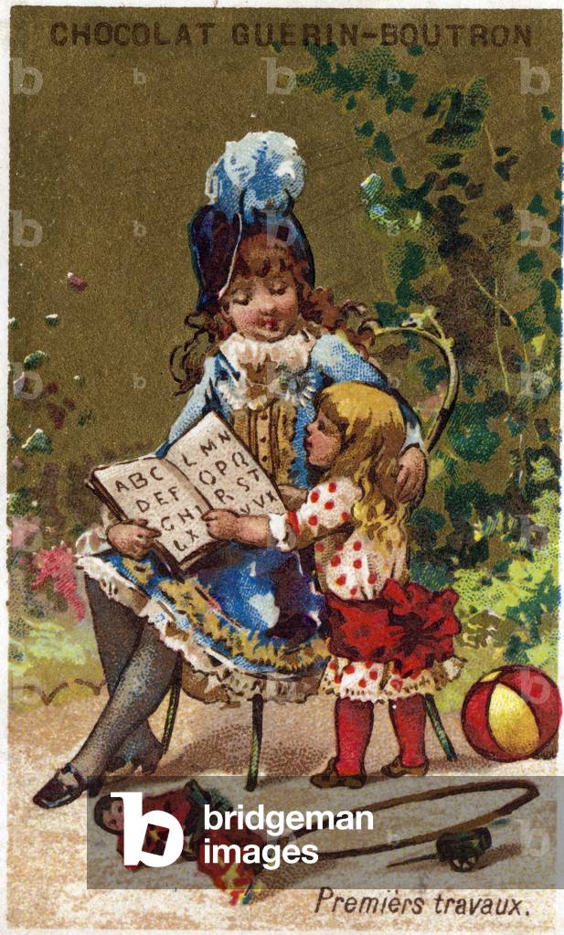 First work: Little girl reading an abecedary with her big sister. Chromolitography , circa 1890 .
