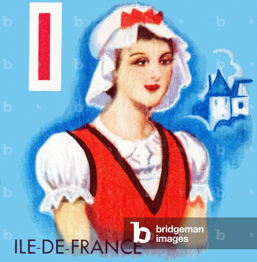 Letter I: Ile de France. Alphabetical cubes, French provinces and cities: traditional costumes and headdresses and a typical symbol of each region (human activity or monument) (lithograph)