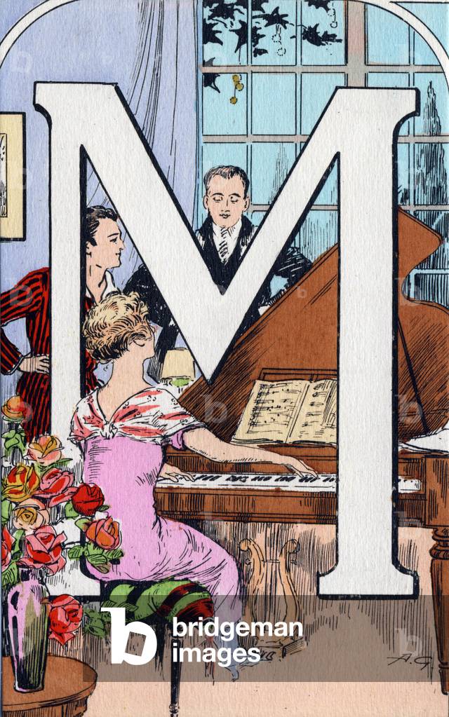 Letter M as Music. Abecedary in postcards. Illustrations by A. Gaillard. Series of 24 cards published before 1930 (Annees Folles). Engraving. Dim: 14x9cm. Private Collection