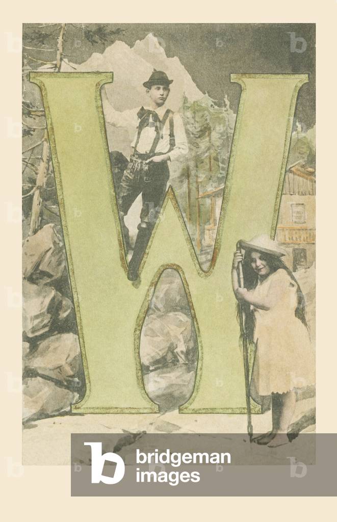 W: A boy in Tyrolean costume, a girl holding a mountain stick