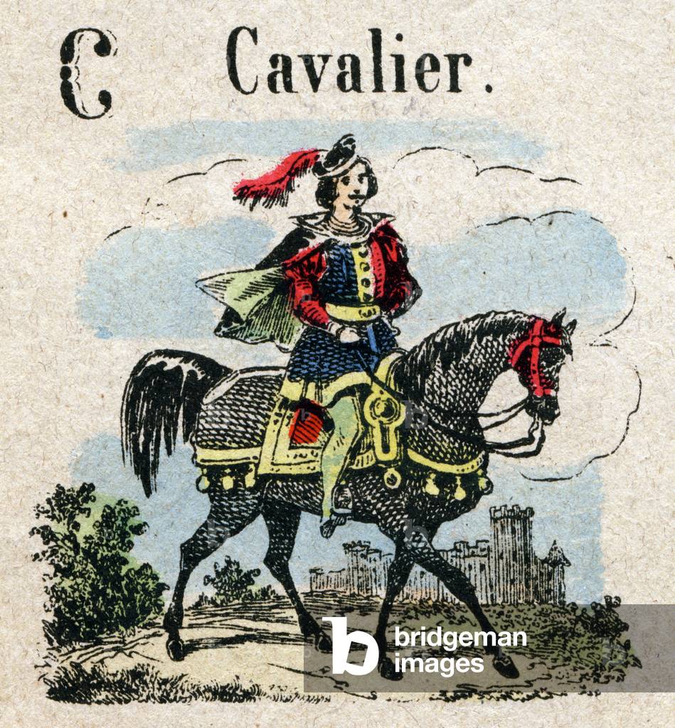 Abecedary. Letter C as Horseman. Small encyclopedic alphabet, popular series. Epinal imaging, late 19th century