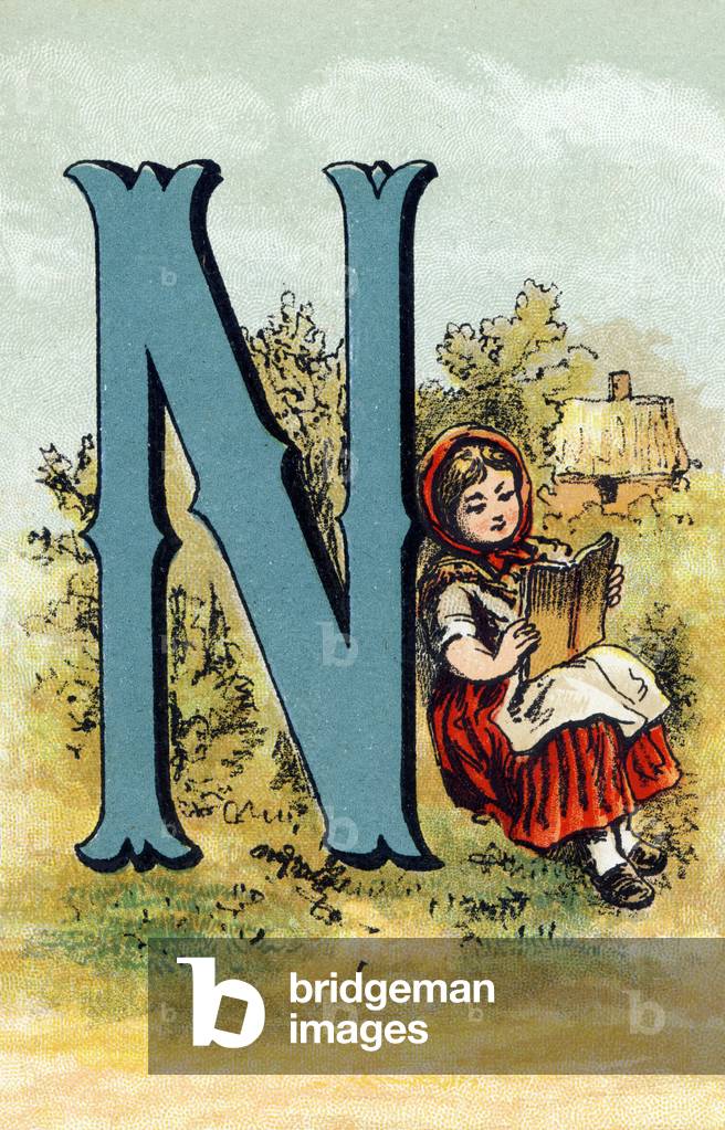 Letter N. Young girl reading. Engraving (Chromolithography - Chromo) in “” The Great Bebe Alphabet””. Paul Bernardin,