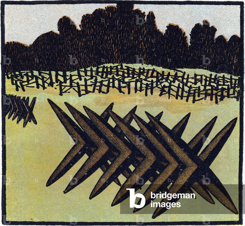First World War 1914-1918 (14-18): X-shaped frieze horses to form the trench. Engraving in “” Alphabet of the Great War 1914-1916 (for the children of our soldiers)””. Editions Berger-Levrault, 1918. Texts and drawings by Andre Helle (1871-1945). Dim: 32x25cm, 32 pages. Private collection. Rights reserved