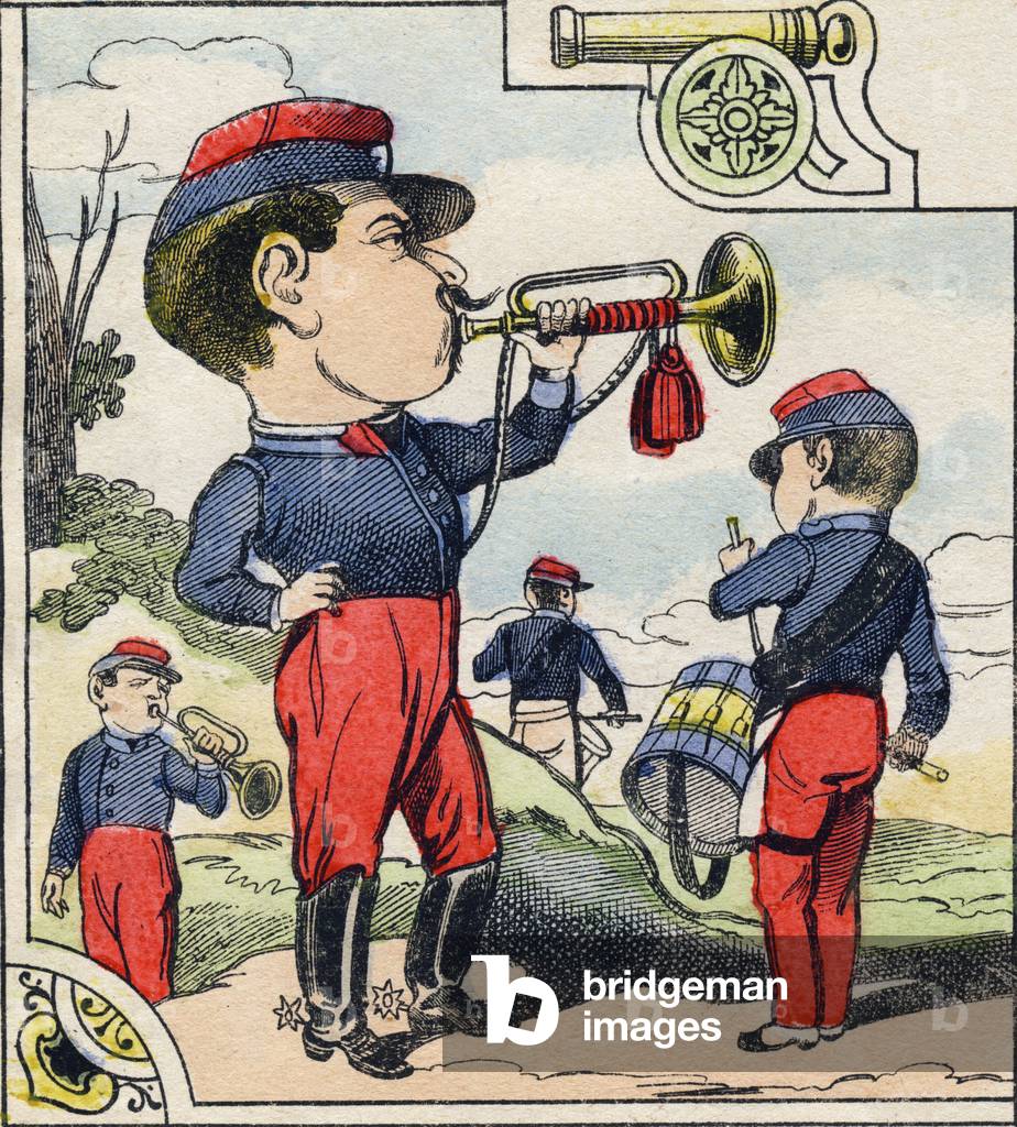 Drums and trumpets. Engraving in 