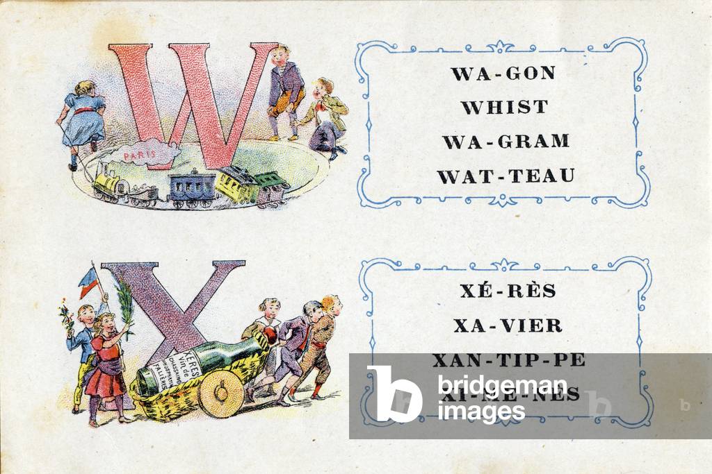 Letters W and X as wagon and Xeres. Alphabet de la Phosphatine Falieres Alphabet brevete S.G.D.G. by pharmacist Pierre Emile Falieres . Illustrations in chromolithography, late 19th century