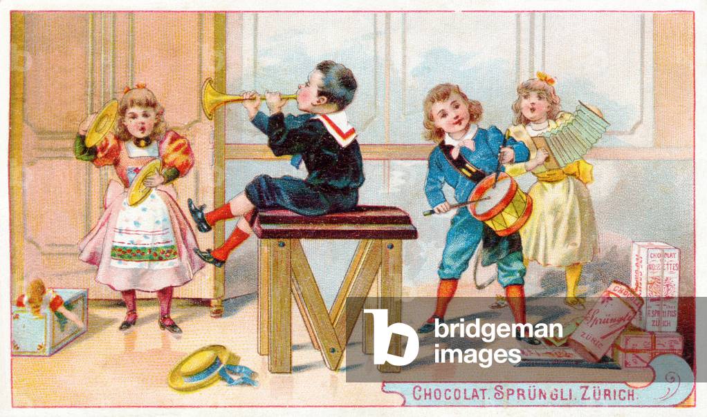 M : Musique - Musik - Illustrated Alphabet Sprungli, c.1890 (chromolithography)