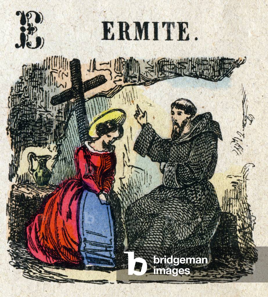 Abecedary. Letter E as a Hermit. Small encyclopedic alphabet, popular series. Epinal imaging, late 19th century
