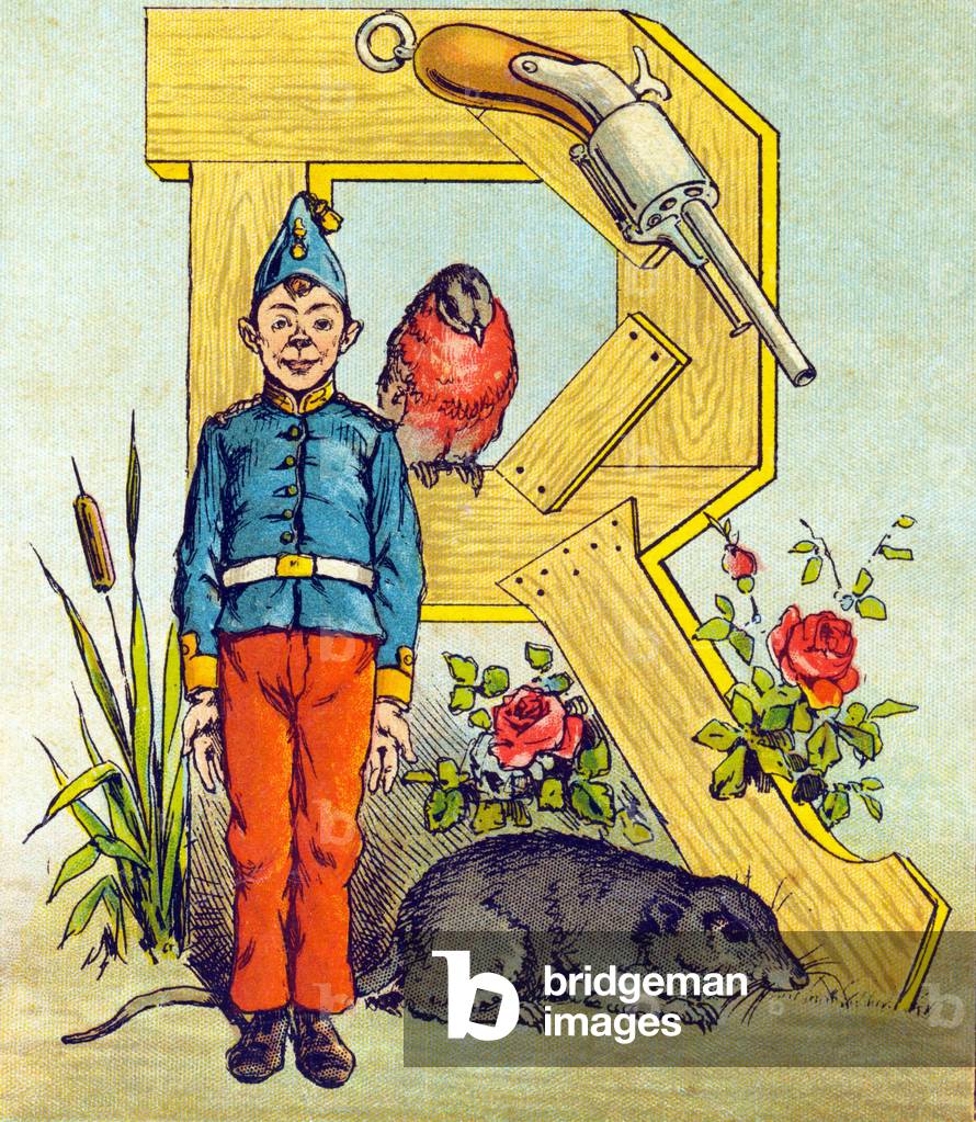 Letter R: recruit (young soldier), nightingale, rat, roses, reed, revolver. Unbreakable abecedary on canvas c.1900 (print)