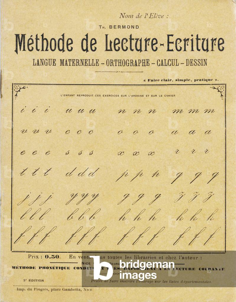 Cover - Reading/Writing Method, Mother Tongue, Spelling, Calculation, Drawing by Th. Bermond. Phonetic method leading very quickly to current reading. On sale in all bookstores and at the author in Nice, no date. Dimensions: 19.5 x 15.5 cm.