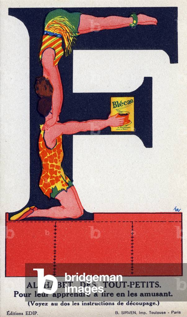 Letter F. Toddler alphabet, circa 1930. Advertising images for Bledine and Blecao Jacquemaire