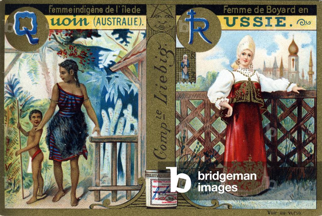 Letter Q as Indigenous Woman of Quoin Island and R as Boyars Woman in Russia. Women's alphabet . Series of 12 images. Liebig advertising, 19th century (chromolithograph)
