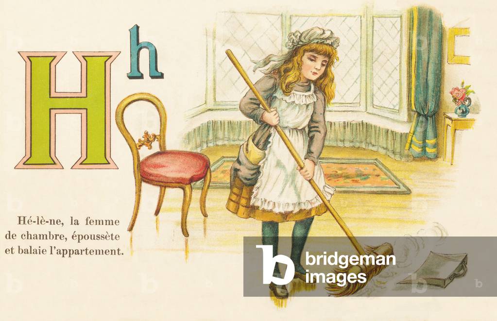 H: Helene, the maid, marshes and sweeps the apartment