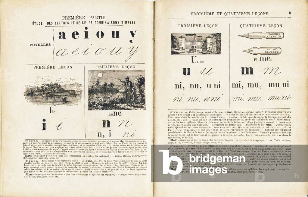 Illustrous Syllabary, Island, Moon, Factory, Feather - Methode Cuissart. Practical and simultaneous teaching of Reading, Spelling and Drawing. Rational method preparing children for expressive reading and intelligence of the language by E. Cuissart, former member of the Conseil Superieur de l'Instruction publique, former Inspector primary in Paris, Depute de l'Aisne, Chevalier de la Legion d'honneur. A. Picard and Kaan, editors, Paris. Redified in accordance with the programs of 27 July 1882. Dimensions: 17.5 x 13.5 cm.