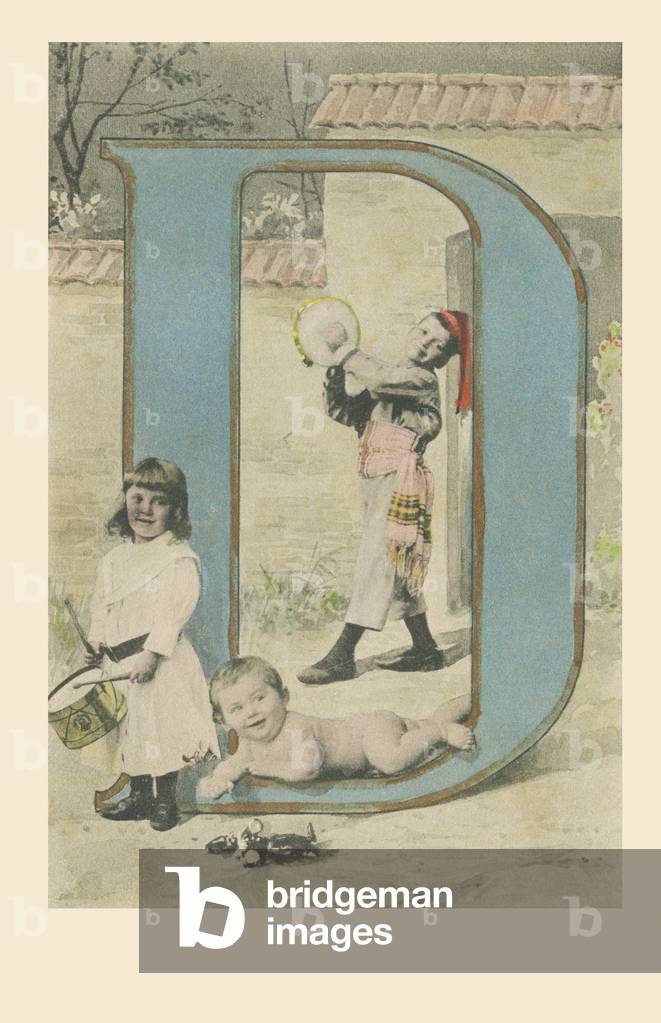 D: A child costume playing tambourine, a child playing the drum and a naked baby lying on his belly